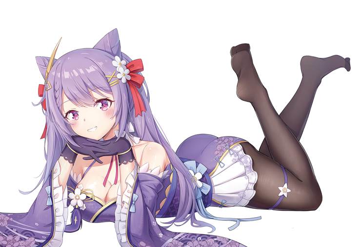 Genshin Impact, 魅惑的乳沟, huge breasts, Keqing, kimono, cute, 原神5000收藏, black stockings, fake bookmark number tag