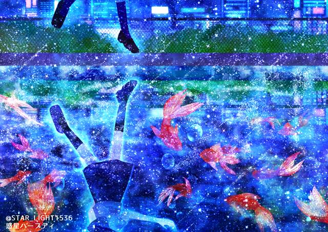 插画, 原创, 女孩子, 金鱼, water surface