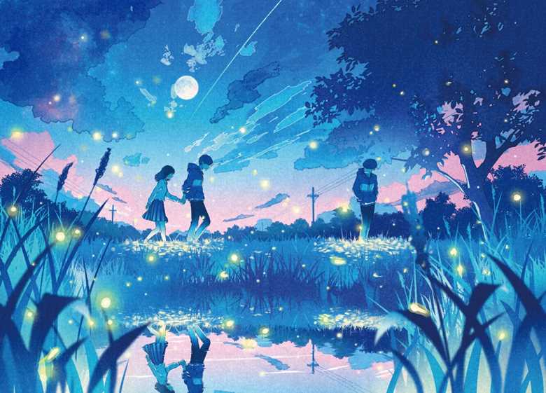 原创, 原创, sky, firefly, 满月, water surface, fantasy, high school student, school uniform hoodie, 恋爱
