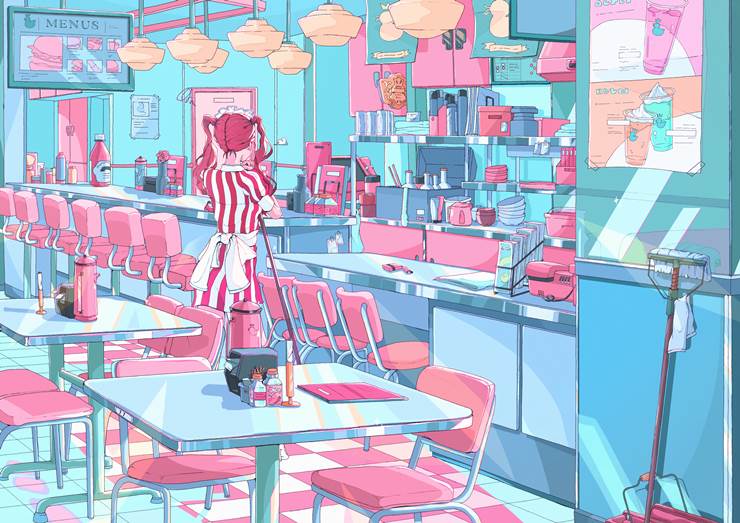 “汉堡店的早晨”插图|插画师やsい/yasi的女孩插画图片