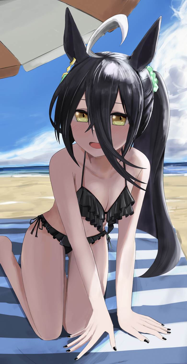 赛马娘Pretty Derby, 曼城茶座（赛马娘）, 泳装, 黑色比基尼, swimming in the sea