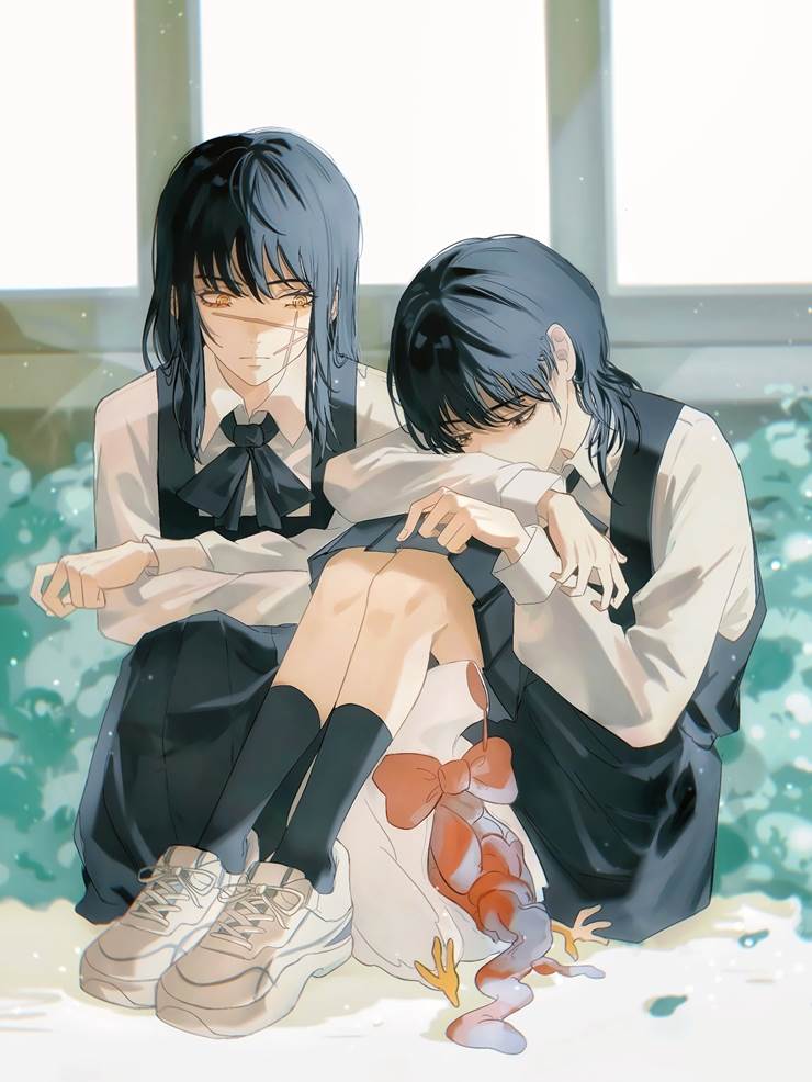 Chainsaw Man, 三鹰朝, Chainsaw Man, Mitaka Asa, doujin, illustration, yuri, painting, Yoru/Asa