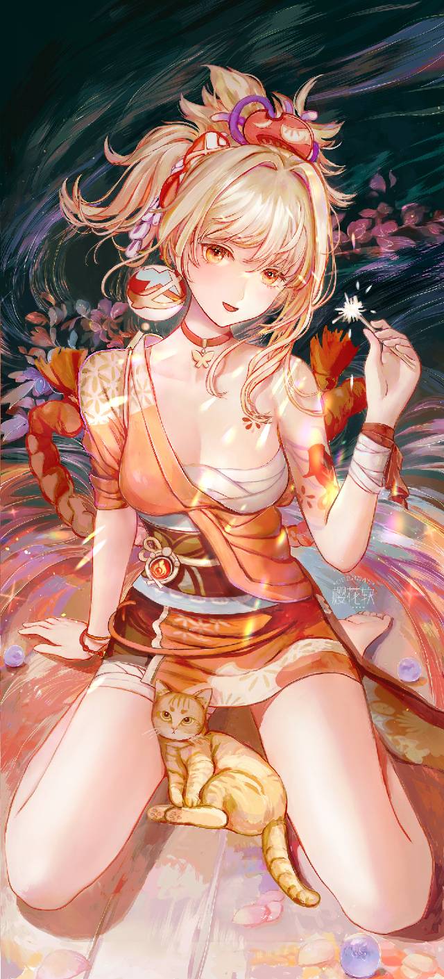 Genshin Impact, Genshin Impact doujin, Yoimiya, 手绘, 赤脚, 原神1000收藏