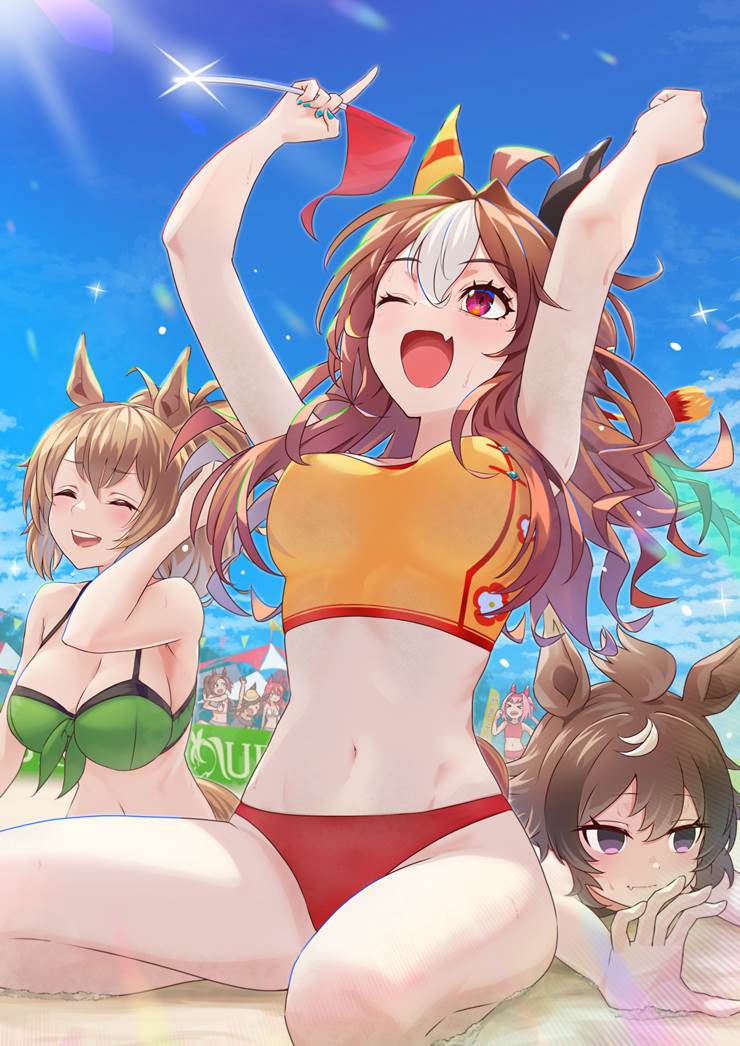 Uma Musume Pretty Derby, Copano Rickey (Uma Musume), Taiki Shuttle (Uma Musume), Haru Urara (Uma Musume), group picture, swimming in the sea, Uma Musume Pretty Derby 5000+ Bookmarks