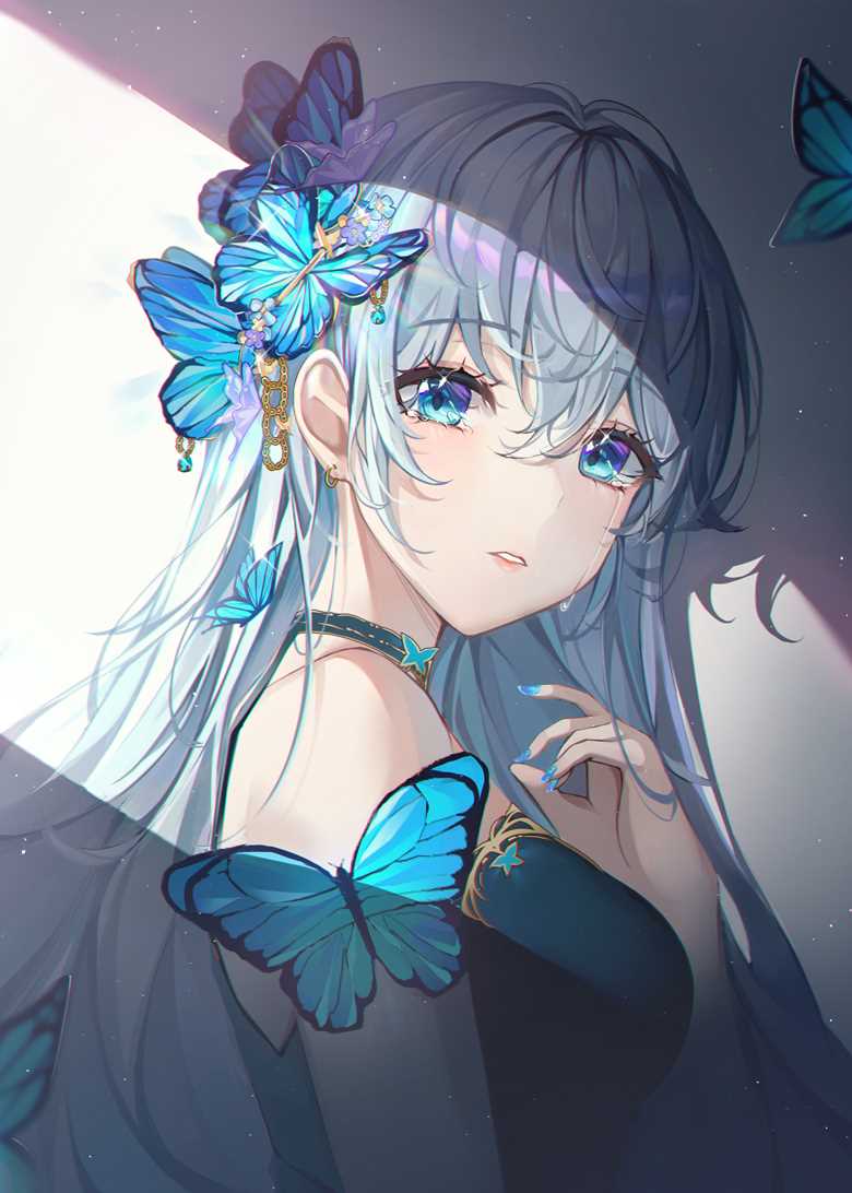 一张蝴蝶,眼泪,宝石,蝴蝶很可爱,小女孩绘画图片