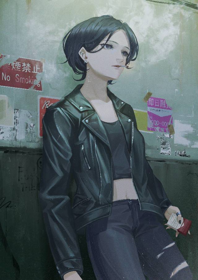 原创, 女孩子, 插画, 厚涂, tobacco, 黑发, leather jacket, 美甲, midriff