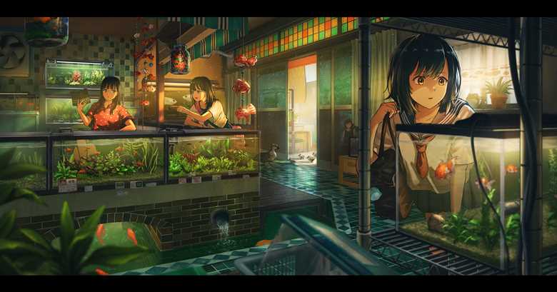 一张水族馆,好想去这里,风景,金鱼,小女孩绘画图片