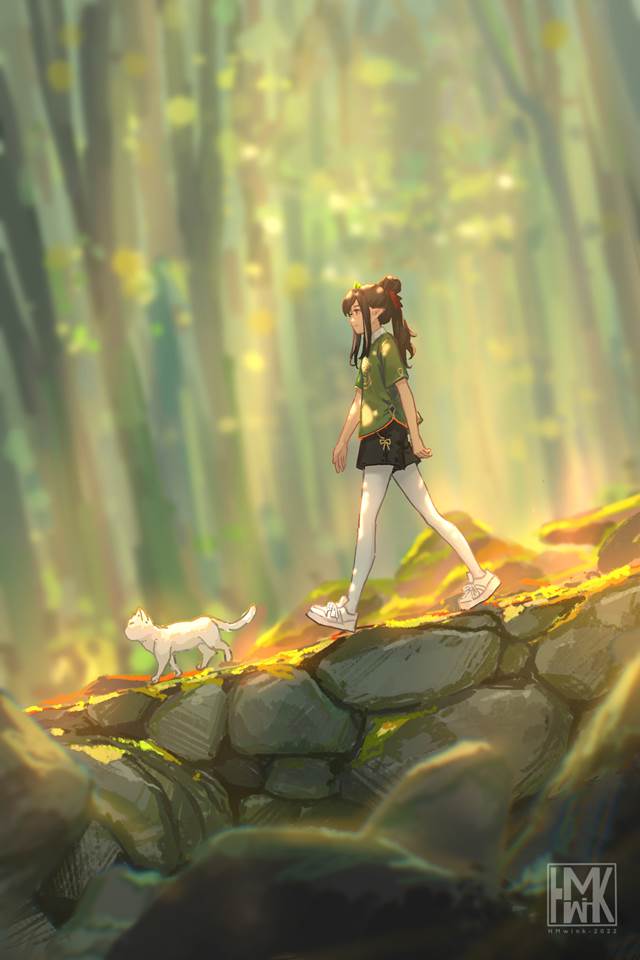 Chinese style, elf, nature, original works, cute, wallpaper, illustration, Hanfu, forest, 女孩子