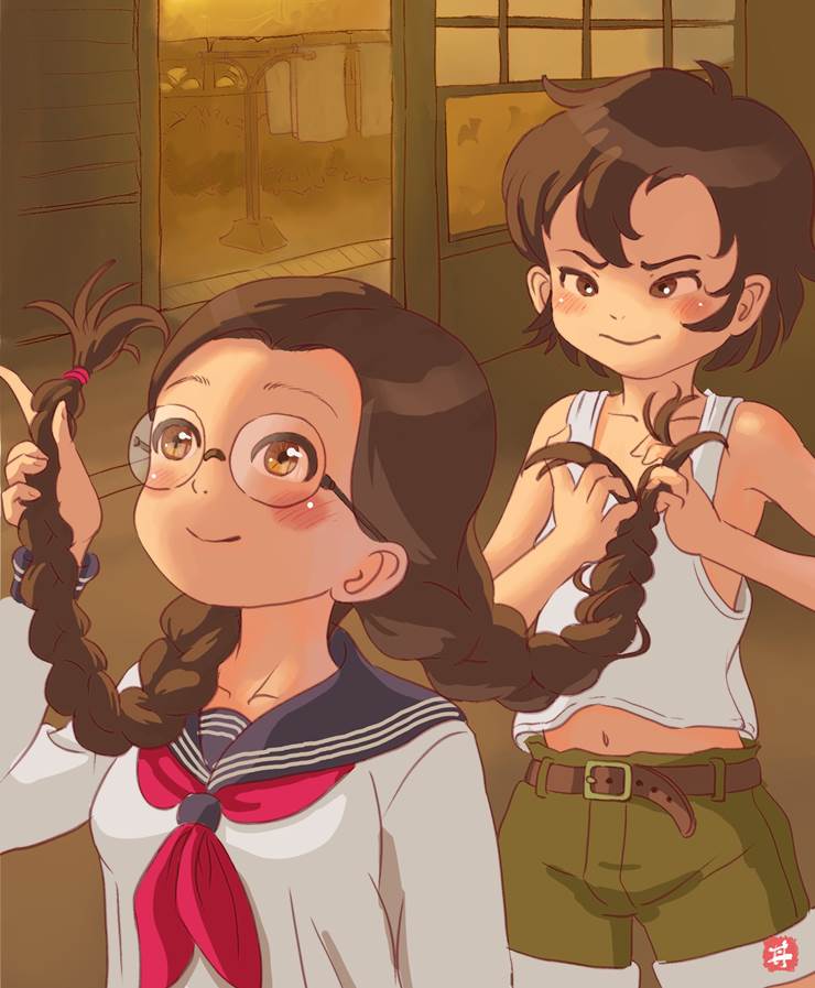 nostalgia, oneshota, braid, girl with glasses, sailor uniform, braiding