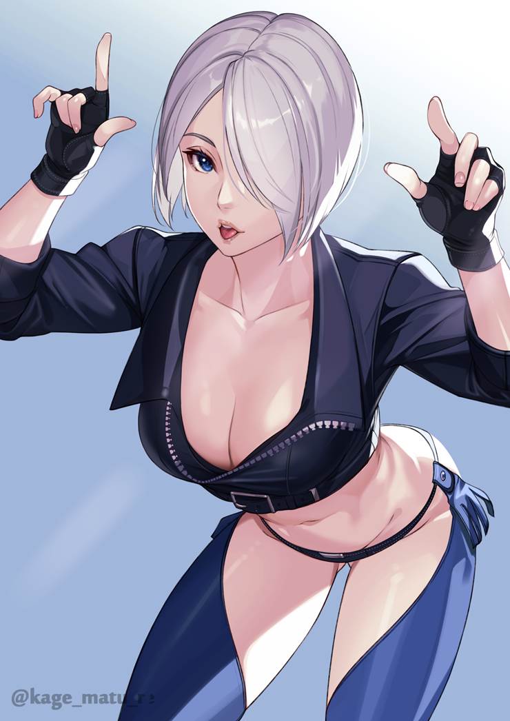 安琪儿（KOF）, 银发, 拳皇, one eye covered, Cat pose, jacket, 魅惑的乳沟