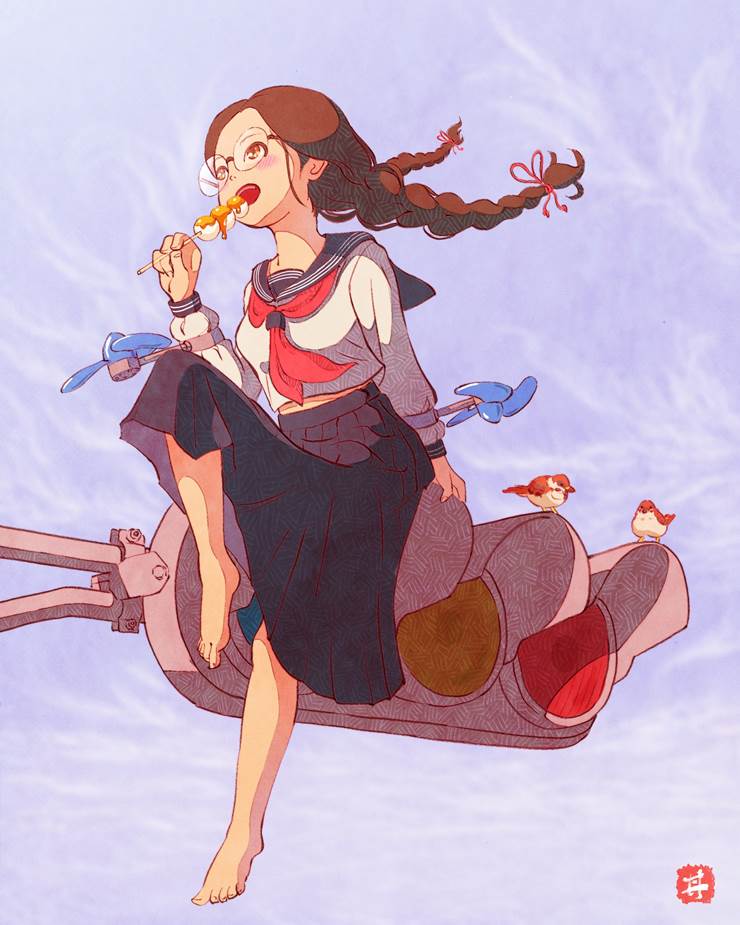 螺旋桨少女的秋天的天空|插画师美风丼的昭和风插画图片