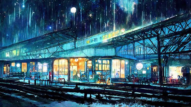 寂寞的雨夜|插画师Uomi的风景插画图片