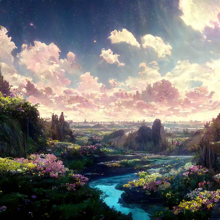 风景, background, sky, mountain, 河, flower, grass, 奇幻