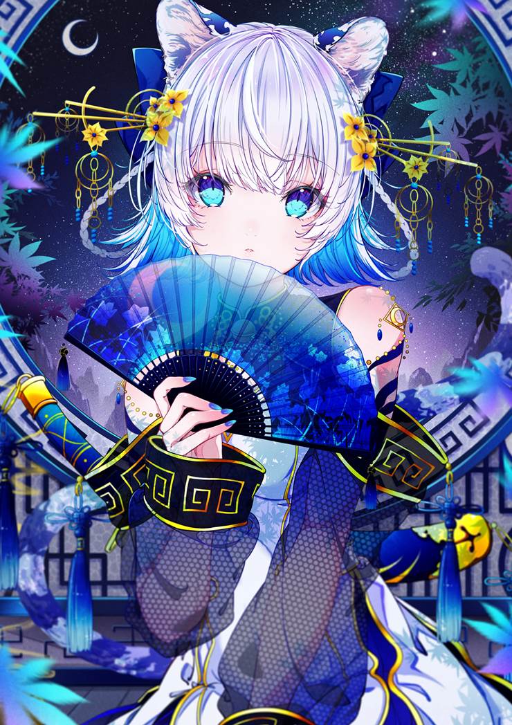 原创, 兽耳, 白发, 旗袍, 女孩子, tiger girl, inner color, folding fan, Original 500+ bookmarks