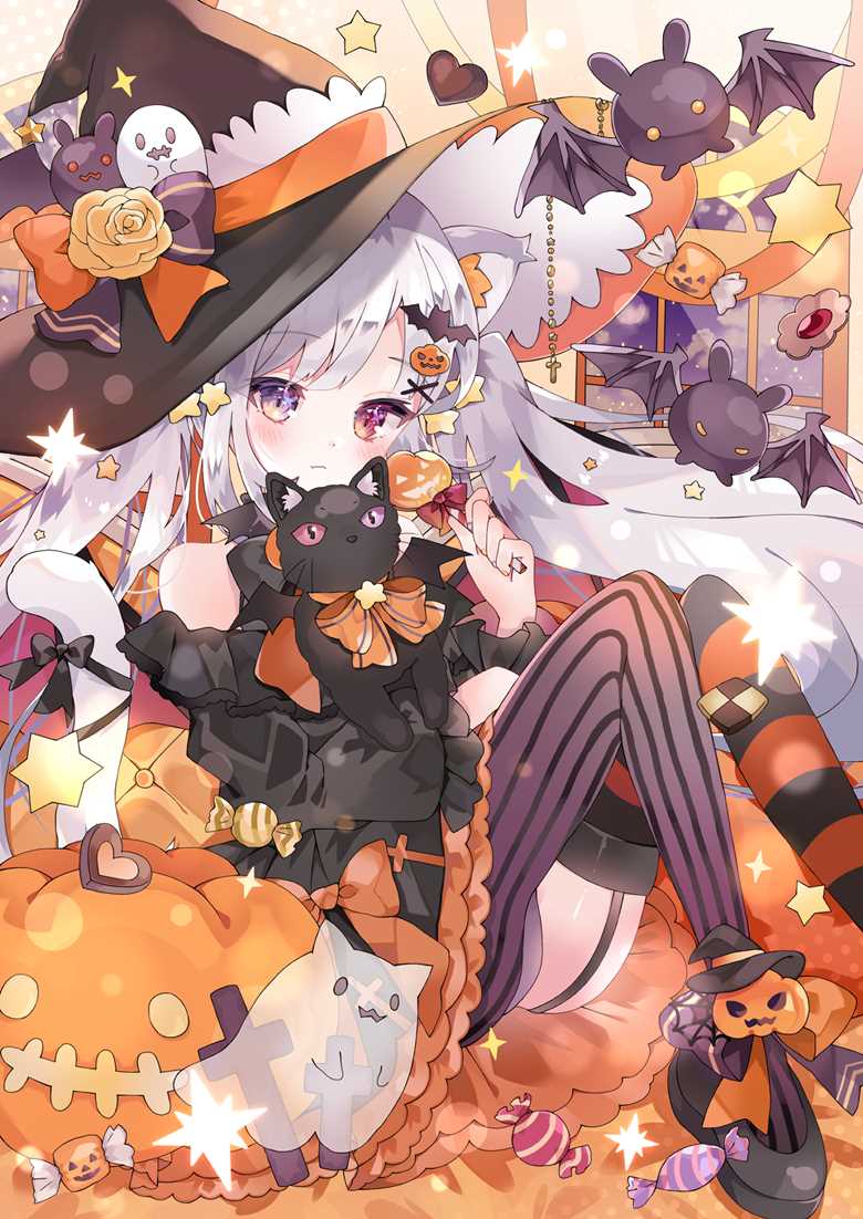 万圣节小白猫|柚杞ゆぎなお的魔女插画图片