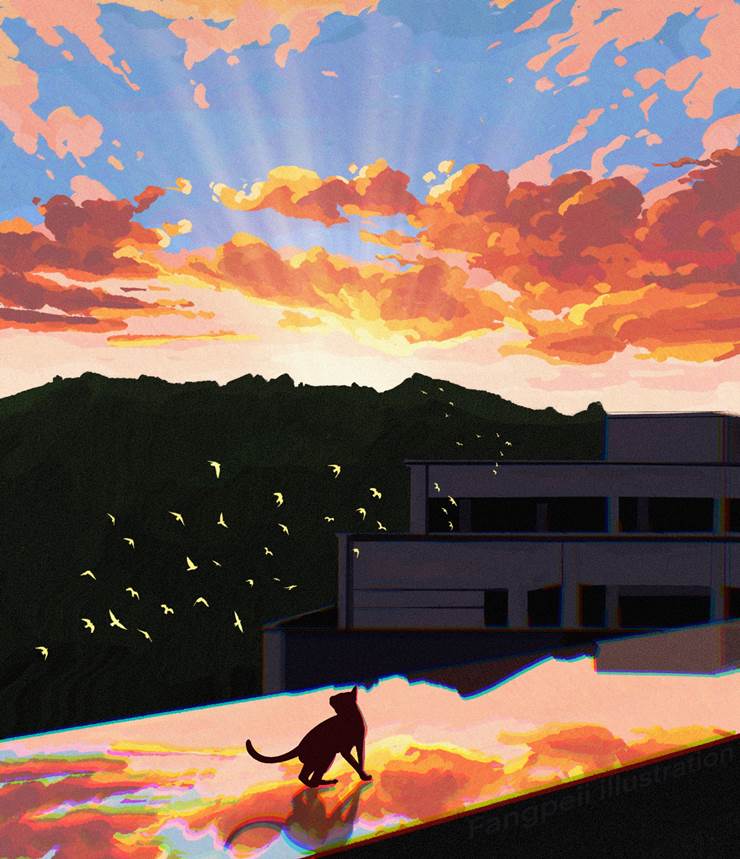 background, sky, illustration, aesthetic, cat