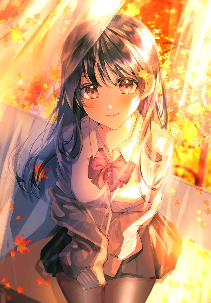 uniform, long black hair, autumn leaves, black tights, autumn