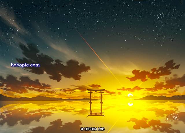 太阳,星空,湖,鸟居图片