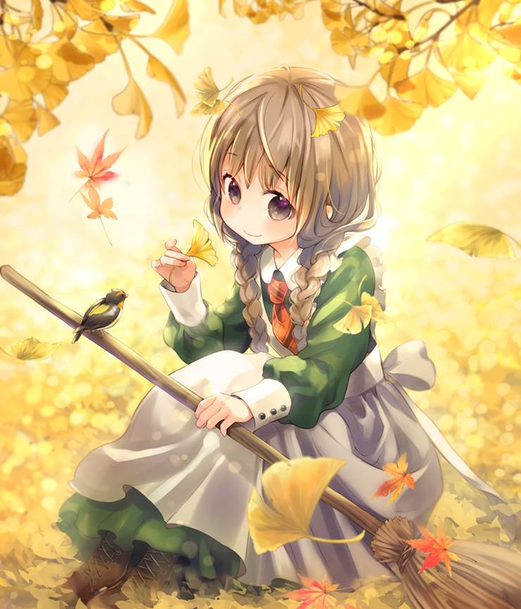 original, girl, birds, ginkgo, autumn leaves, apron dress