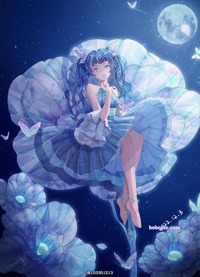 一张蓝色,elf,小女孩,少女,月亮,精灵,双马尾绘画图片