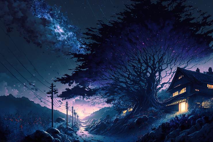 风景, background, starry sky, sky, night, 树, grass