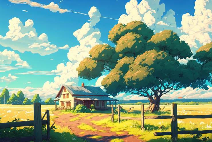 风景, background, sky, 云, 树, grass, house