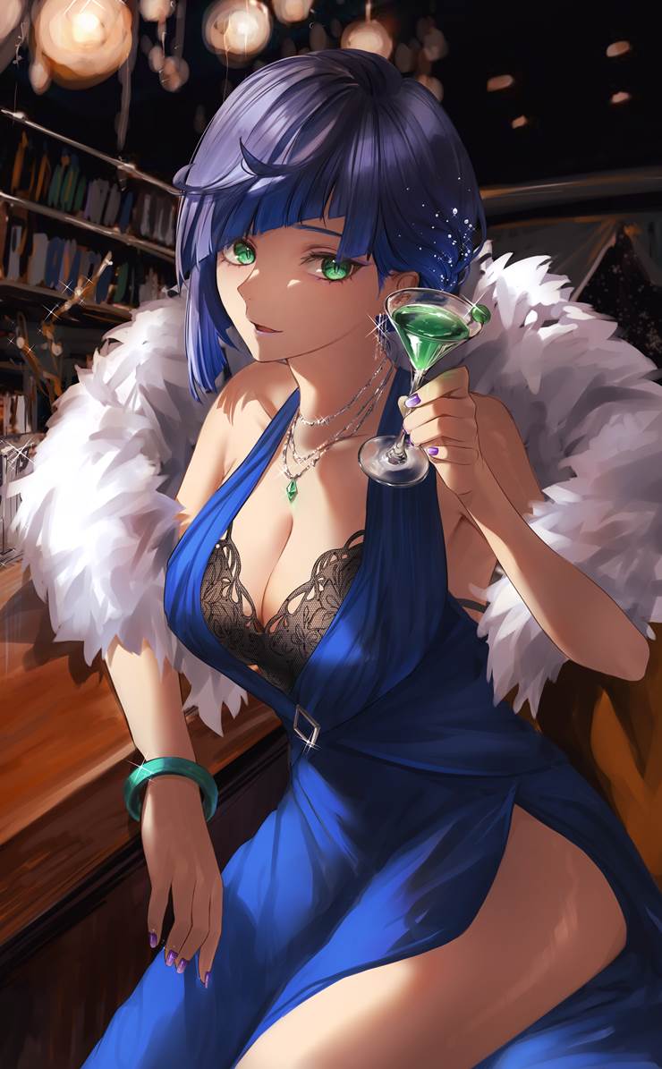 Genshin Impact, Yelan, bewitching thighs, cleavage, cocktail, armpits, Slit (clothes), beautiful legs