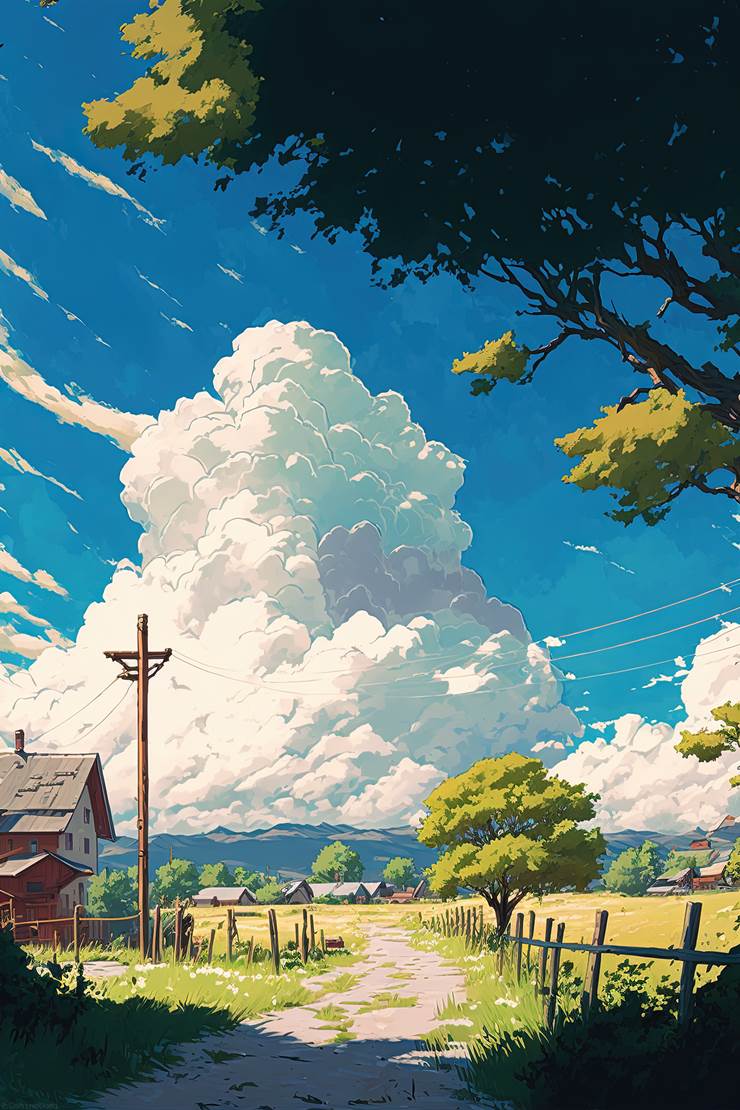 风景, background, sky, 云, 树, road, village