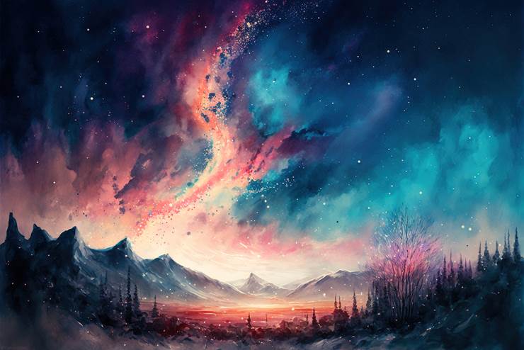 风景, background, starry sky, night, 云, mountain, 树