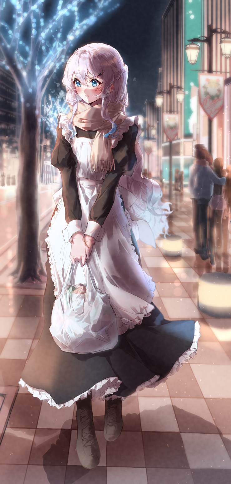 original, girl, white hair, maid, original character, maid uniform, night