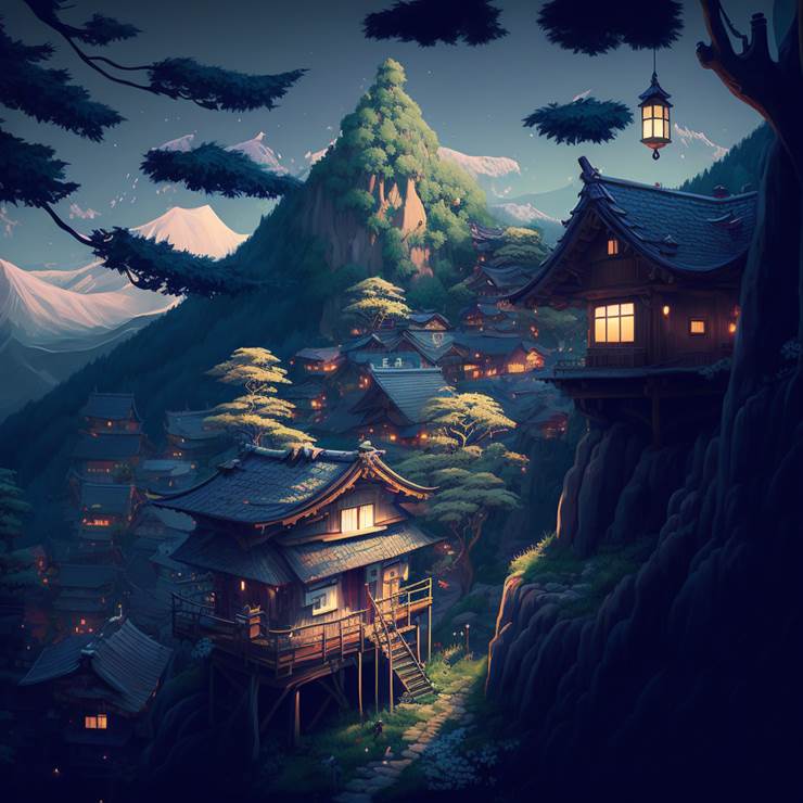 VillageatNight-村の夜|插画师Sugoi_Digi的村庄风景插画图片