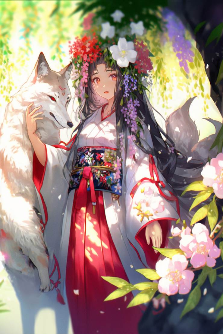 Japanese style, girl, aI-generated illustration, fantasy, illustration, flowers and girls, young girl, miko