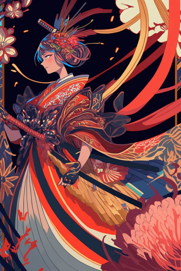 和风, 女孩子, AI 画作, 奇幻, 插画, young girl, samurai