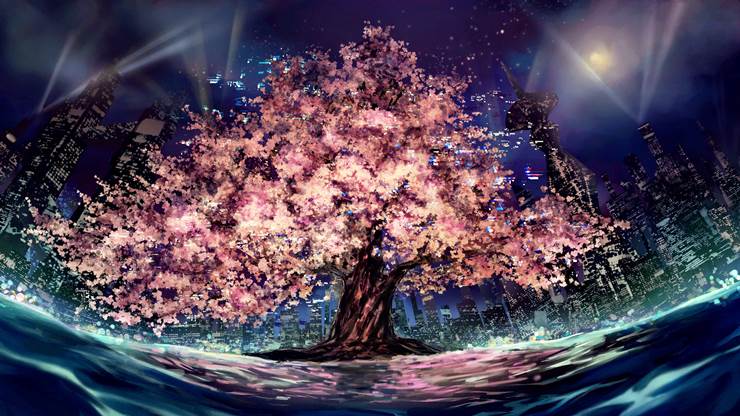 风景, background, 原创, starry sky, 原创, fantasy, 夜樱, water surface