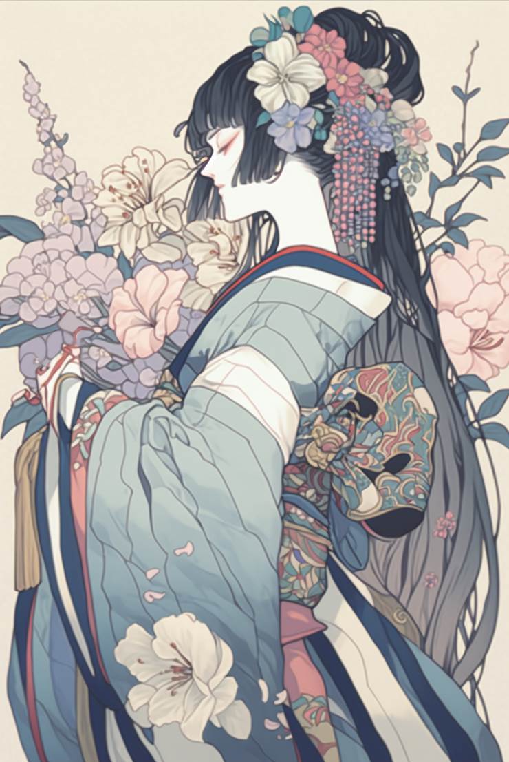 和风, 和服, 女孩子, AI 画作, 奇幻, 插画, young girl, 花和女孩子