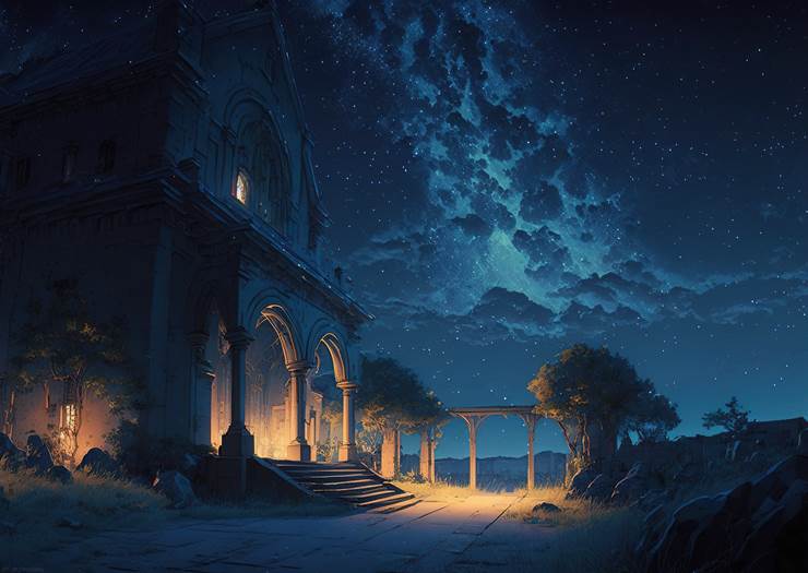 风景, background, starry sky, night, archeological site​, sky, star