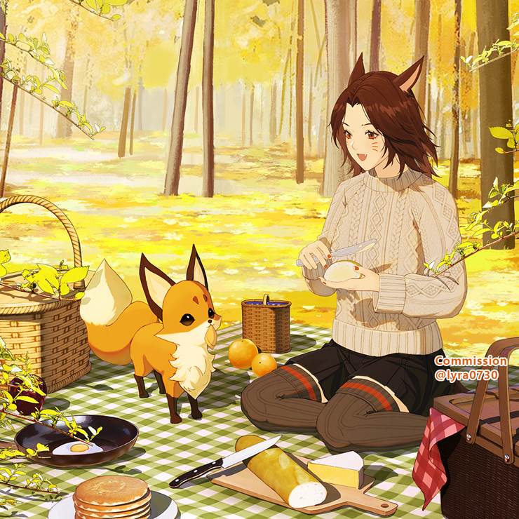一张秋天,猫魅族,小女孩,FFXIV,野餐绘画图片