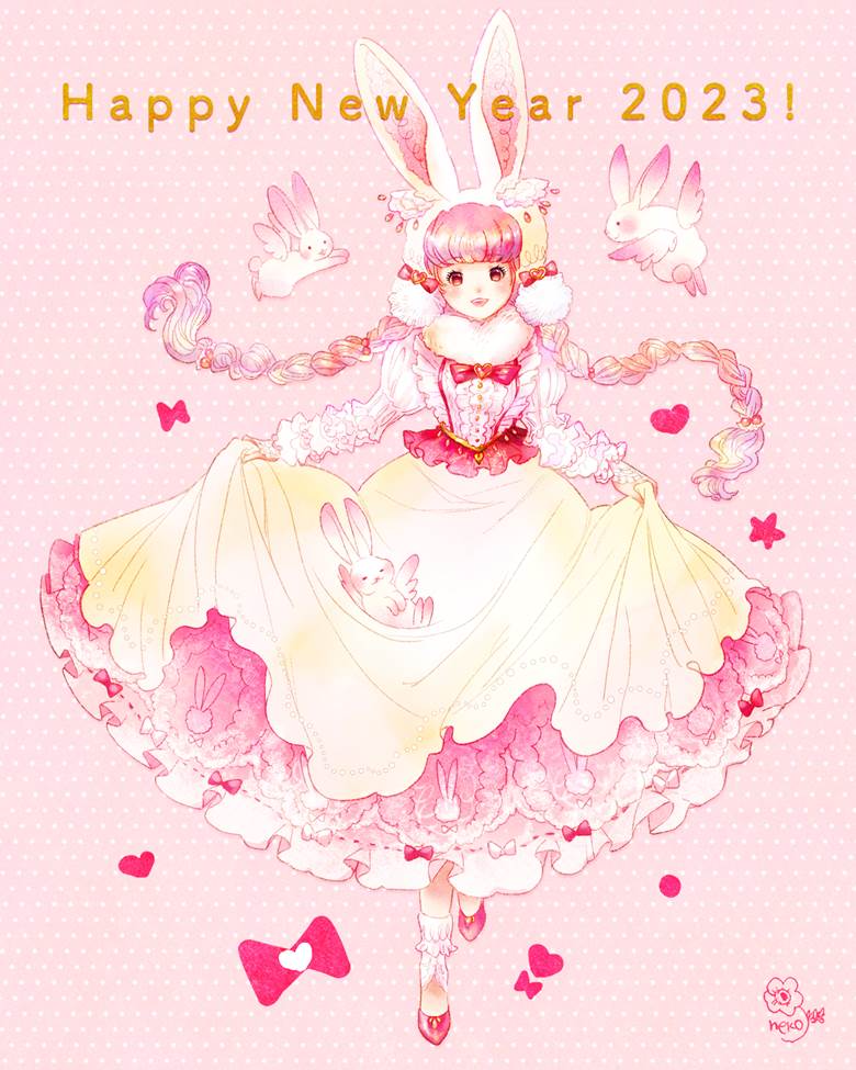 2023年新年快乐！|插画师海生ねこ｜uminaneko的2023兔年插画图片