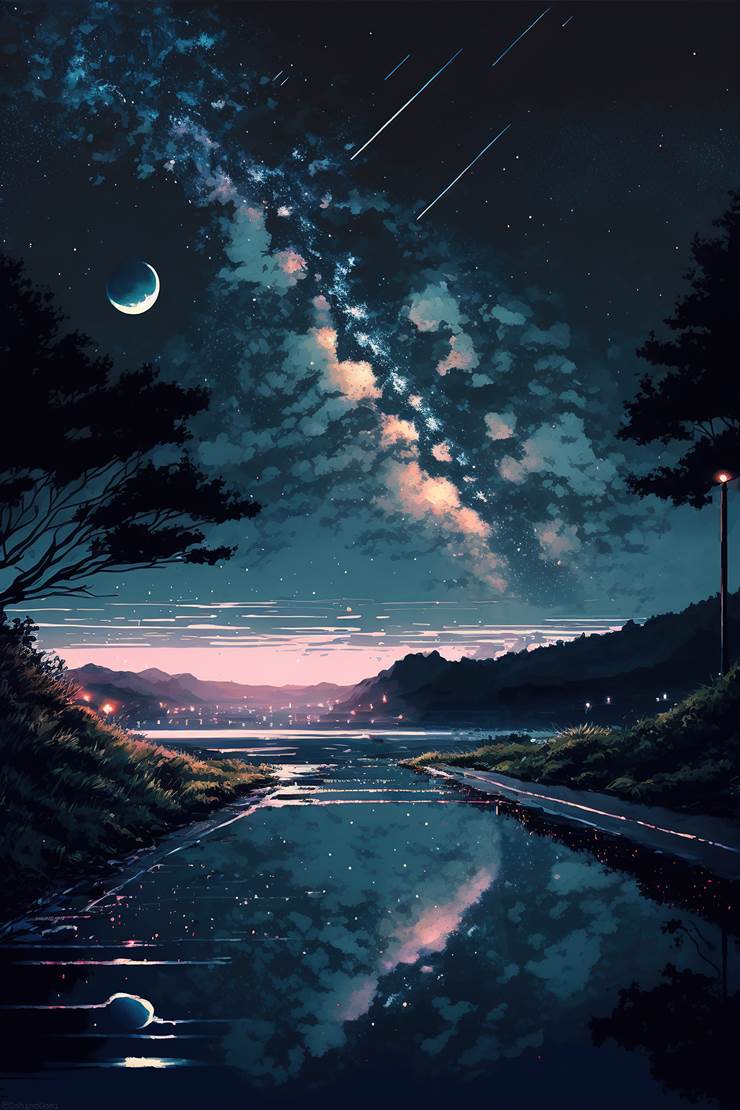 风景, background, starry sky, 云, star, night, lake