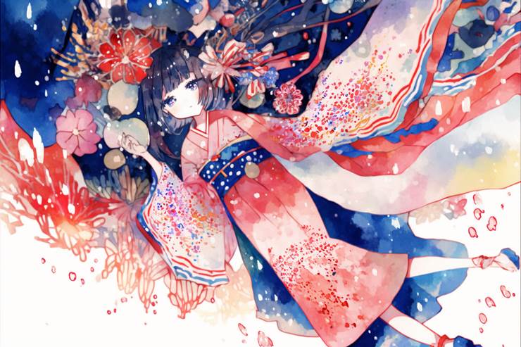 ai绘图, young girl, watercolor, 和风, 和服