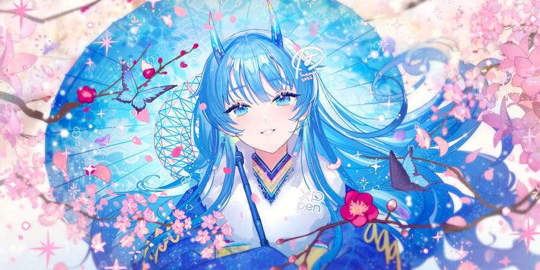 first drawing 2023, Japanese style, oni, horned person, kimono, Japanese umbrella, new year’s card, blue hair