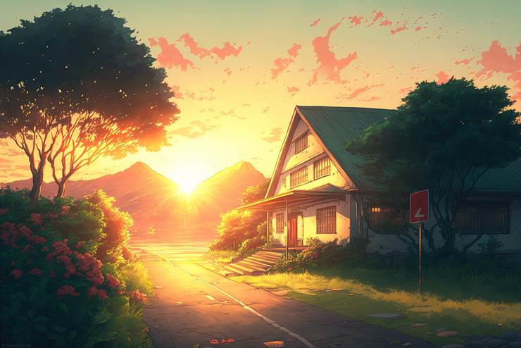 风景, background, 黄昏, road, 太阳, house, sky