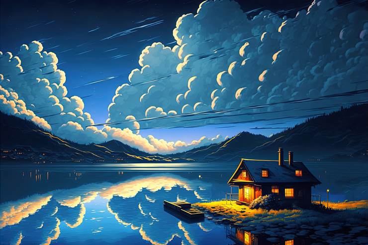 风景, background, 云, sky, night, lake, mountain