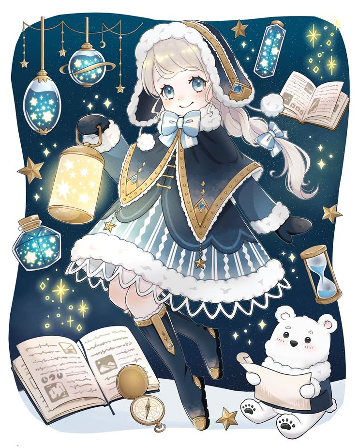 original, creation, girl, bear, winter, night sky, star