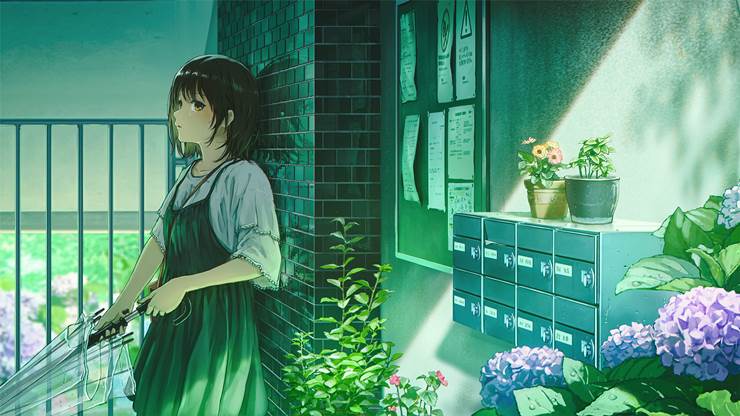 一张风景,小女孩,紫阳花绘画图片