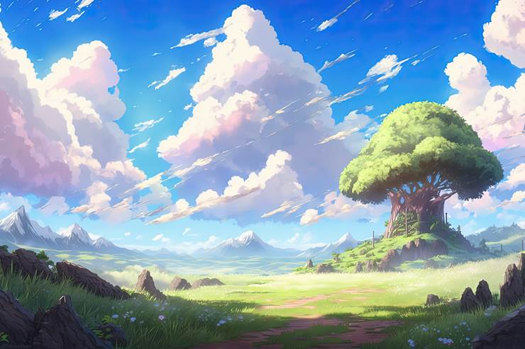 风景, background, sky, 云, 树, mountain, grass, spring