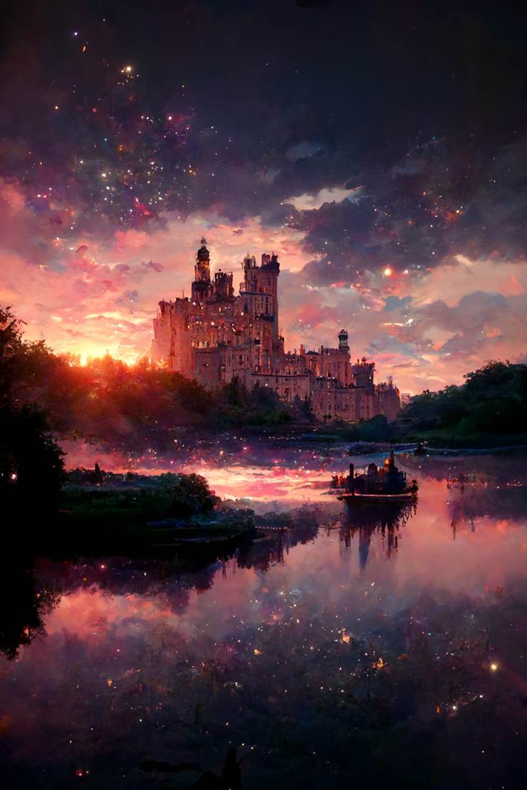夕阳的天空和城堡|插画师ペンたろう的AI绘图（风景）插画图片