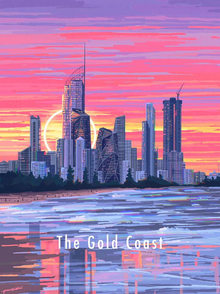 黄金海岸——GoldCoast|插画师Fangpeii的浪漫插画图片