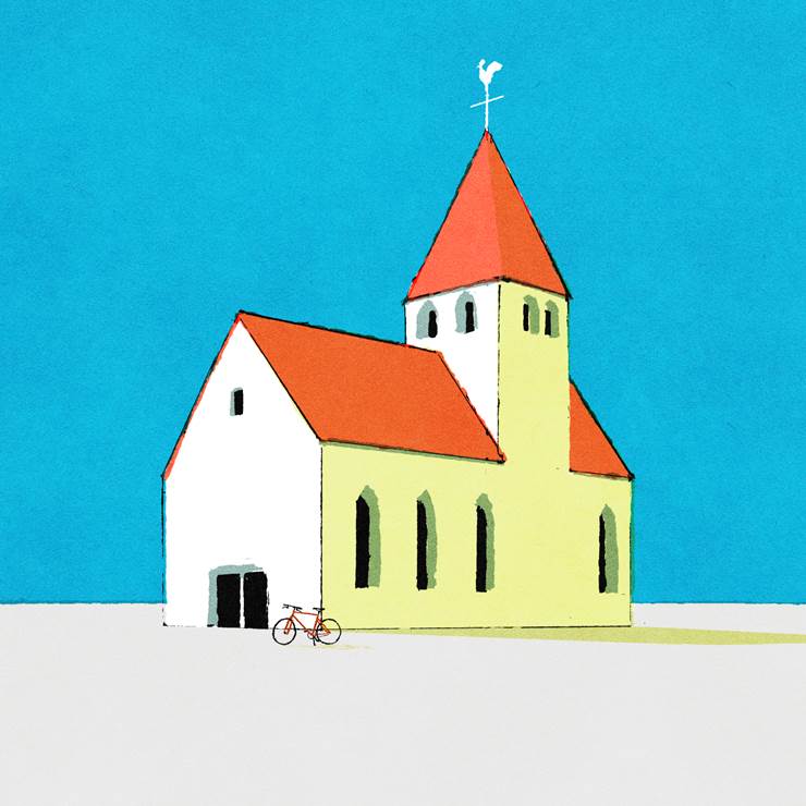 bicycle, church, landscape painting, building, architecture