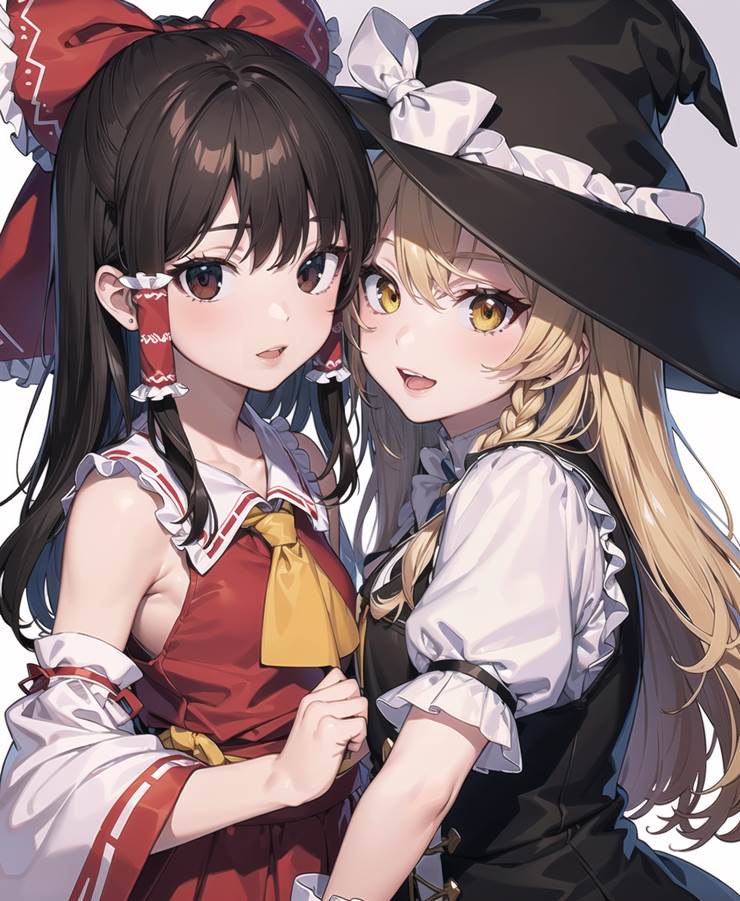 reimu hakurei, Marisa Kirisame, Touhou, AI Illustration, AI-Generated, Touhou Project, Marisa/Reimu